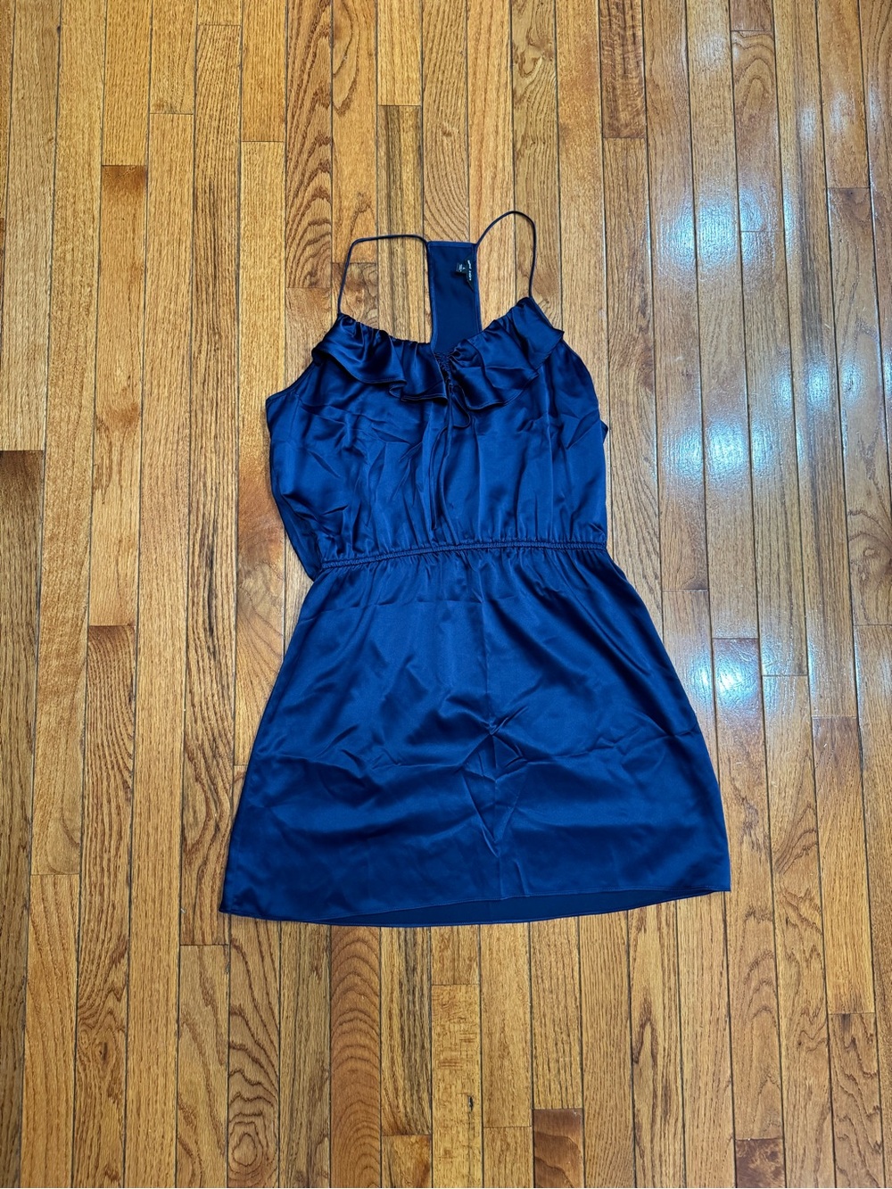 Naked Zebra Navy Satin Mini Dress with Ruffle Neckline
